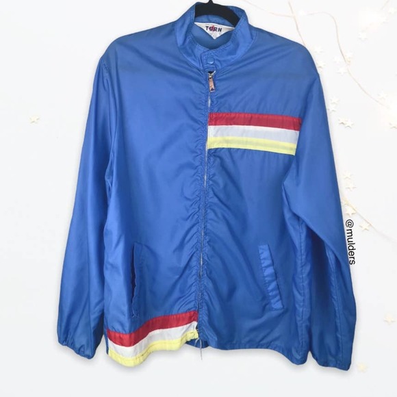 Vintage 1980s 80s Blue Windbreaker Blue 3 Stripe Zip Up Jacket
